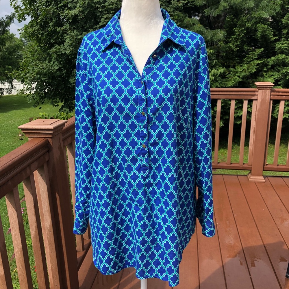 Lands’ End Blue Half Button Down Top Size 14